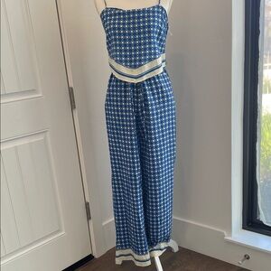 Sienna Sky Blue and Cream Printed Strapless Jumpsuit